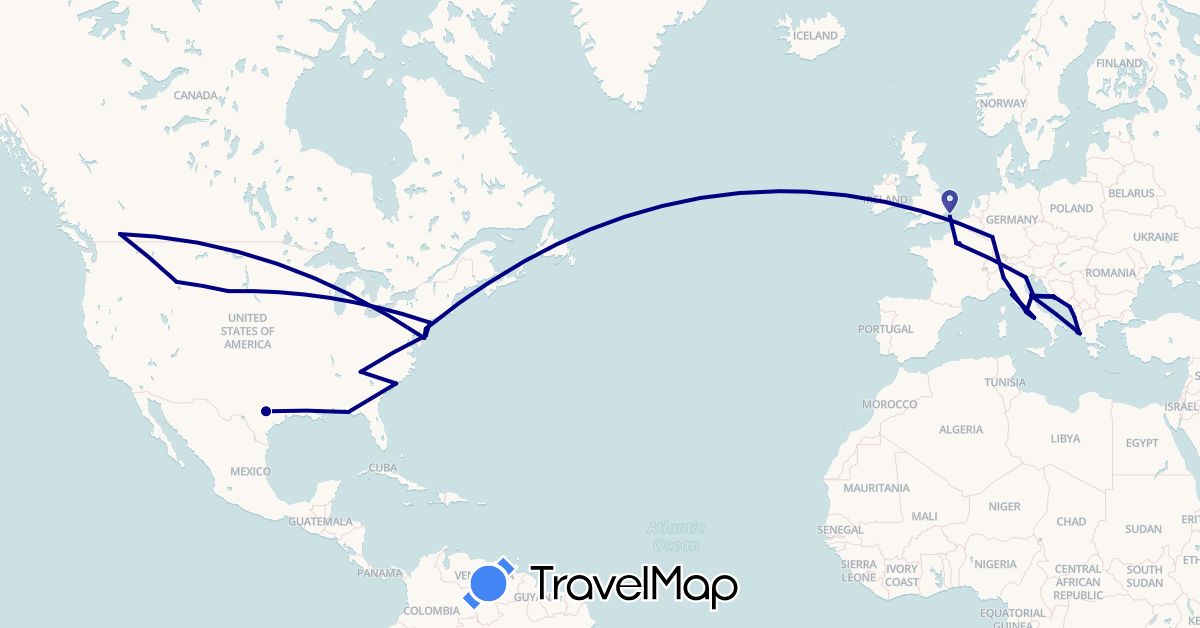 TravelMap itinerary: driving in Albania, Canada, Germany, France, United Kingdom, Greece, Croatia, Italy, Montenegro, United States (Europe, North America)